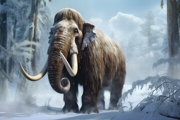 Woolly mammoth roams through a snowy forest evoking ancient grace and beauty. Concept Prehistoric Creature, Winter Wilderness, Majestic Wildlife, Ancient Beauty, Snowy Forest - obrazy, fototapety, plakaty