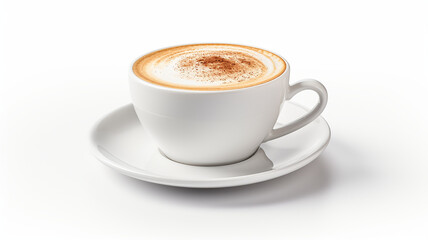 Cup of cappuccino with latte art on white background