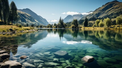 Tranquil lake reflecting a perfect mirror image of mountains and sky, serene and symmetrical, capturing the beauty and calmness of natural reflections - obrazy, fototapety, plakaty