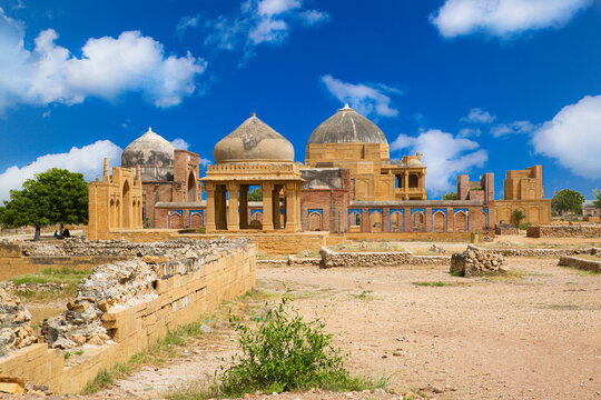 Makli Necropolis,  ceiling with colorful mosaic ornament inside the mausoleum, beautiful funerary islamic architecture in Pakistan. 