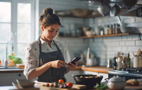 Portrait shot.Selective focus of woman cooking food breakfast and take pictures menu with smartphone.kitchen room set surrounded by fresh ingredient in cozy morning.homemade style