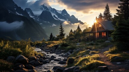 Mountain cabin nestled in a forest clearing, smoke rising from the chimney, surrounded by towering peaks, capturing the solitude and beauty of mountai - obrazy, fototapety, plakaty