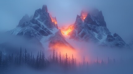 time-lapse style image capturing the dynamic motion of swirling mist around the mountain peaks, the sun ascending slowly, its light diffusing through