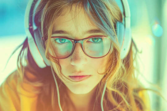 Hipster teen pretty fashion girl model wear stylish glasses headphones enjoy listen music.