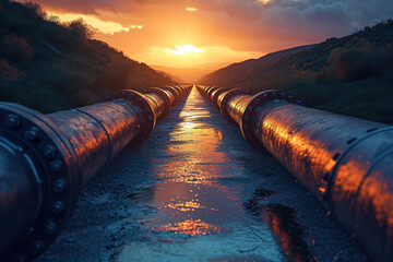 Industrial Pipeline: A Metal Conduit of Energy and Power amidst Nature's Green Background.