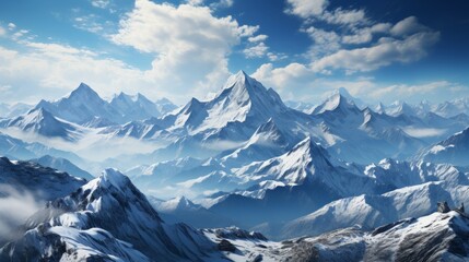 Snow-covered mountain range from the air, showcasing the majesty and isolation of the terrain, Photorealistic, aerial mountain photography, 85mm lens, - obrazy, fototapety, plakaty