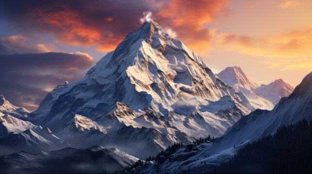 Panoramic view of a majestic mountain range at sunrise, peaks covered in snow, alpenglow on the mountaintops, conveying the grandeur of high-altitude