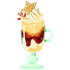 Christmas Coffee (Latte, hot chocolate) drink with Candy Cane and Cream. Vector illustration.