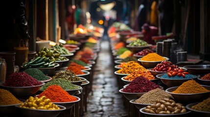 Traditional market in an exotic country, vibrant stalls filled with local produce and goods, rich in color and culture, Photography, shot from above t