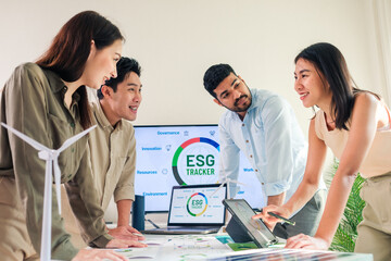diversity team brainstorming focused on ESG (environment,social,governance)  for sdgs goals in a...