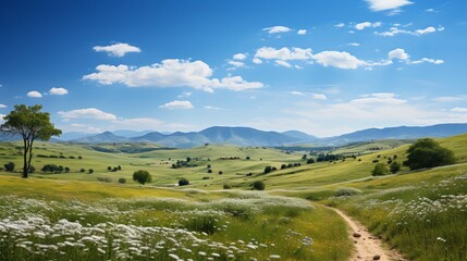 Rolling meadows with wildflowers under a clear blue sky, gentle hills in the distance, symbolizing the beauty and simplicity of pastoral scenes, Photo