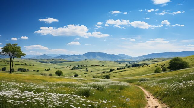 Rolling meadows with wildflowers under a clear blue sky, gentle hills in the distance, symbolizing the beauty and simplicity of pastoral scenes, Photo - Powered by Adobe