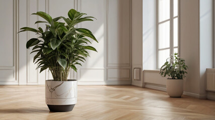 Big houseplant in ceramic pot in modern empty apartment
