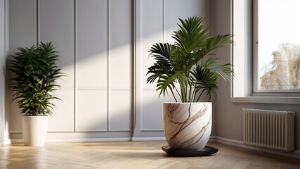 Big houseplant in ceramic pot in modern empty apartment