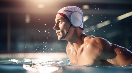 A side view of an athletic professional male swimmer wearing a swimming cap while on the move during a workout in the pool. Healthy lifestyle, Sports and competition concepts.