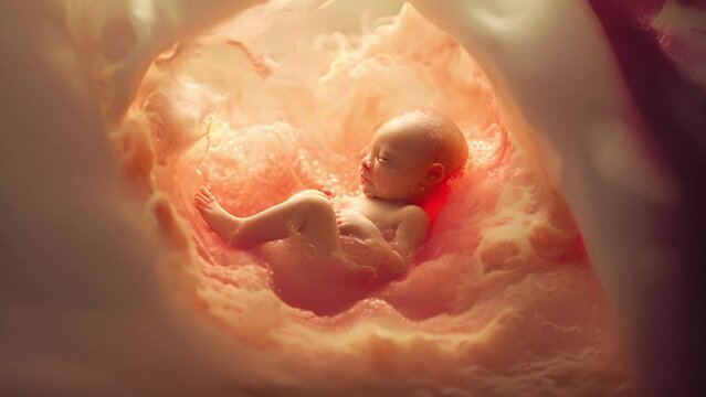 Human fetus inside the womb. Pregnant woman's belly inside. Motherhood. Unborn human embryo baby in uterine wall 4k video movement