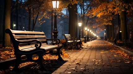 Nighttime in an urban park in autumn, street lamps casting a soft glow on the colorful leaves, empty benches, peaceful and contemplative, Photography,