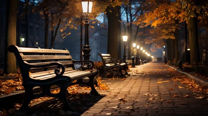 Foto op Canvas Nighttime in an urban park in autumn, street lamps casting a soft glow on the colorful leaves, empty benches, peaceful and contemplative, Photography, © ProVector