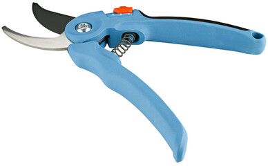 Blue garden secateur isolated on a transparent background. Pruning shears.