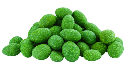 Handful of peanuts in wasabi glaze isolated on a transparent background. Completely in focus.