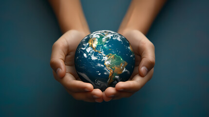 Two hands cradle a miniature Earth against a plain dark blue background