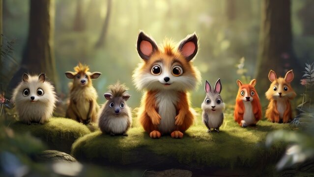 Fototapeta A whimsical scene of furry creatures in a forest