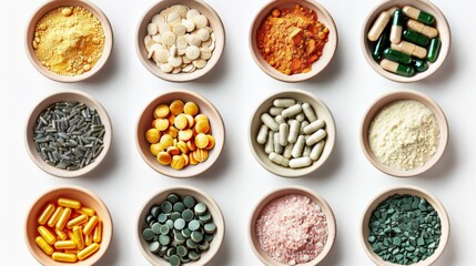Dietary supplements for health and beauty, in pill and powder forms, vitamins, collagen, biotin	