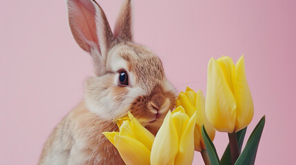 cute easter bunny smelling on yellow tulips flowers on pastel pink colored backgorund