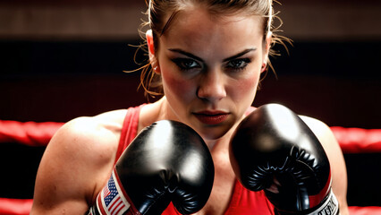 La boxeuse fixe son adversaire avec un regard déterminé, prête à affronter le ring avec force et courage. Sa détermination transparaît dans ses yeux, témoignant de sa volonté de vaincre et de boxer.