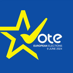 European elections June 9, 2024. EU political elections voting campaign design with big yellow star on blue background.