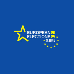 European elections June 9, 2024. EU Parliament campaign banner design with flag on blue background.