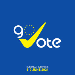 Go Vote - European elections June 9, 2024. EU political elections campaign banner design with flag on blue background.