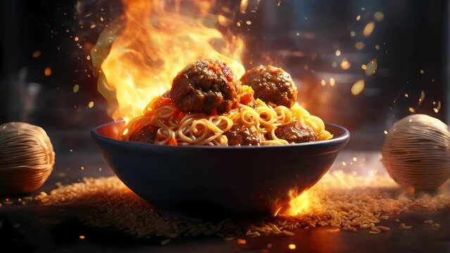 noodles with meatball in a bowl on fire, seamless Animation video background in 4K Resolution