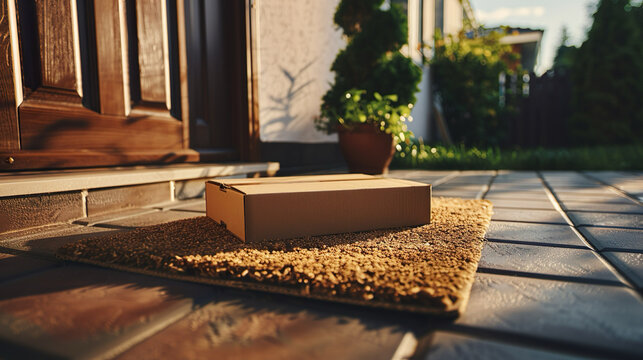 close up of brown cardboard package lying besides a doormat at the entrance of a new house at a sunny day