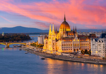 Hungarian parliament building and Danube river at sunset, Budapest, Hungary