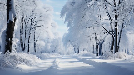 Obraz premium Serene woodland scene in winter, snow-covered trees, a frozen lake in the foreground, quiet and peaceful atmosphere, Photography, shot in high-definit