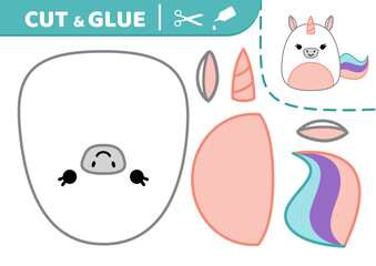 Unicorn. Squishmallow. Cut and glue. Applique. Paper game. Owl. Kawaii vector