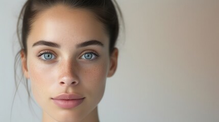 Close-up portrait of a young woman with captivating blue eyes and a natural complexion against a soft background - obrazy, fototapety, plakaty