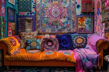 Artistic and free-spirited, this Bohemian style wallpaper features eclectic patterns in bold colors