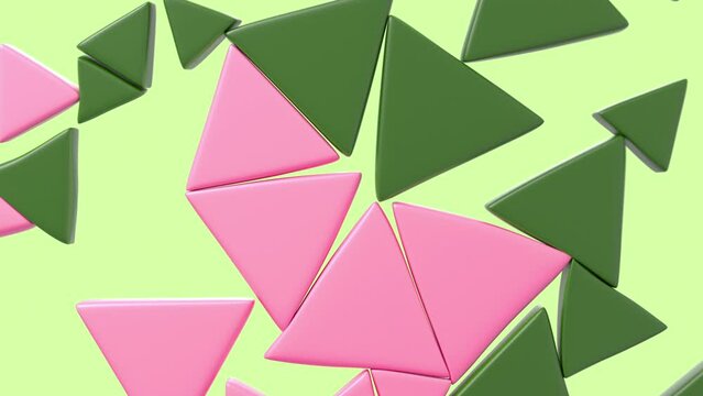 Collision of soft pink and green triangles. 3D animation. 4K. 3840x2160.