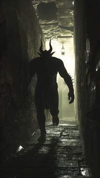 The Minotaur lurking in a dark labyrinth torches casting eerie shadows