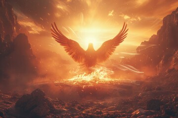 A majestic phoenix rising from the ashes within a post-apocalyptic terrain - obrazy, fototapety, plakaty
