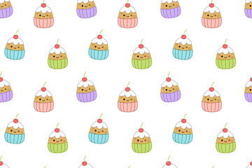 Kawaii cupcakes on seamless pattern. Squishmallow. Cake. Kawaii, Vector