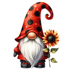 Whimsical illustration of a cute ladybug gnome with a long white beard, wearing a red polka dot hat with a friendly ladybug.