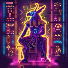 Create a captivating image of the Egyptian god Thoth the god of wisdom and writing surrounded by neon hieroglyphic symbols - obrazy, fototapety, plakaty