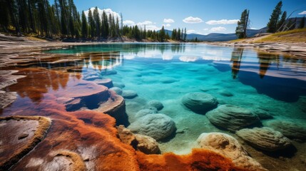 Obraz premium Geysers and hot springs in Yellowstone National Park, vibrant colors, steam rising, showcasing the unique and dynamic earth processes, Photorealistic,