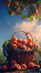 Create a visually stunning portrayal of a basket overflowing with ripe peaches