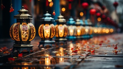 Traditional parade lanterns lit up at night, hanging over a street, conveying the cultural significance and beauty of nighttime parades and festivals,