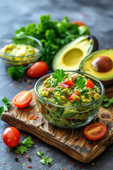Delicious guacamole with parsley, tomato and fresh avocado in glass bowl on wooden board