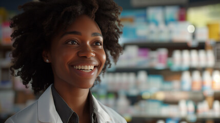 Fototapeta premium Smiling african american female pharmacist in drugstore store